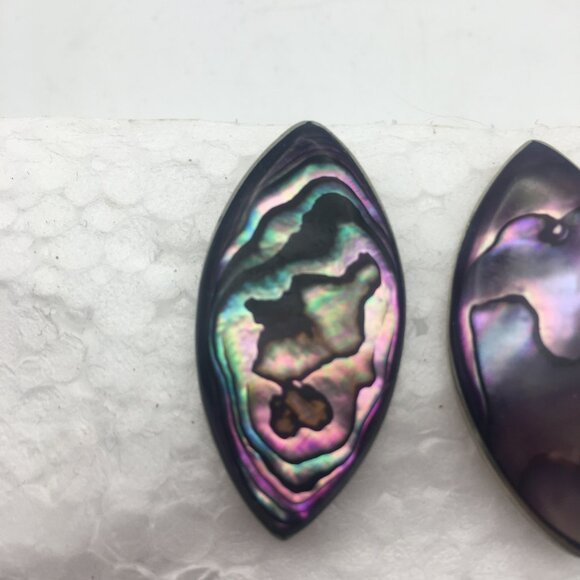 Vintage Alpaca Silver Genuine Purple Abalone Leaf Shape Stud Earrings Mexico 1" - Picture 6 of 12